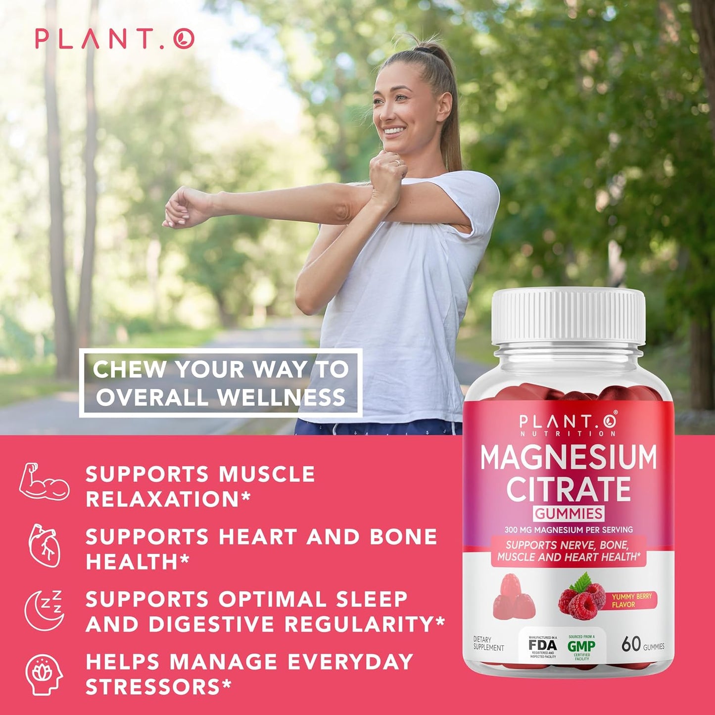 Calm Magnesium Gummies 300 mg per Serving of Magnesium Citrate | Relaxation, Muscle, Bone, & Energy Support | Raspberry Flavor | 60 Chewable Magnesium