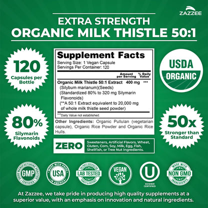 Zazzee USDA Organic Milk Thistle 50:1 Extract, 80% Silymarin Flavonoids, 200 Vegan Capsules, 6+ Month Supply, Silybum Marianum, Liver Support & Detox Support, Organic All-Natural, Non-GMO, Made in USA