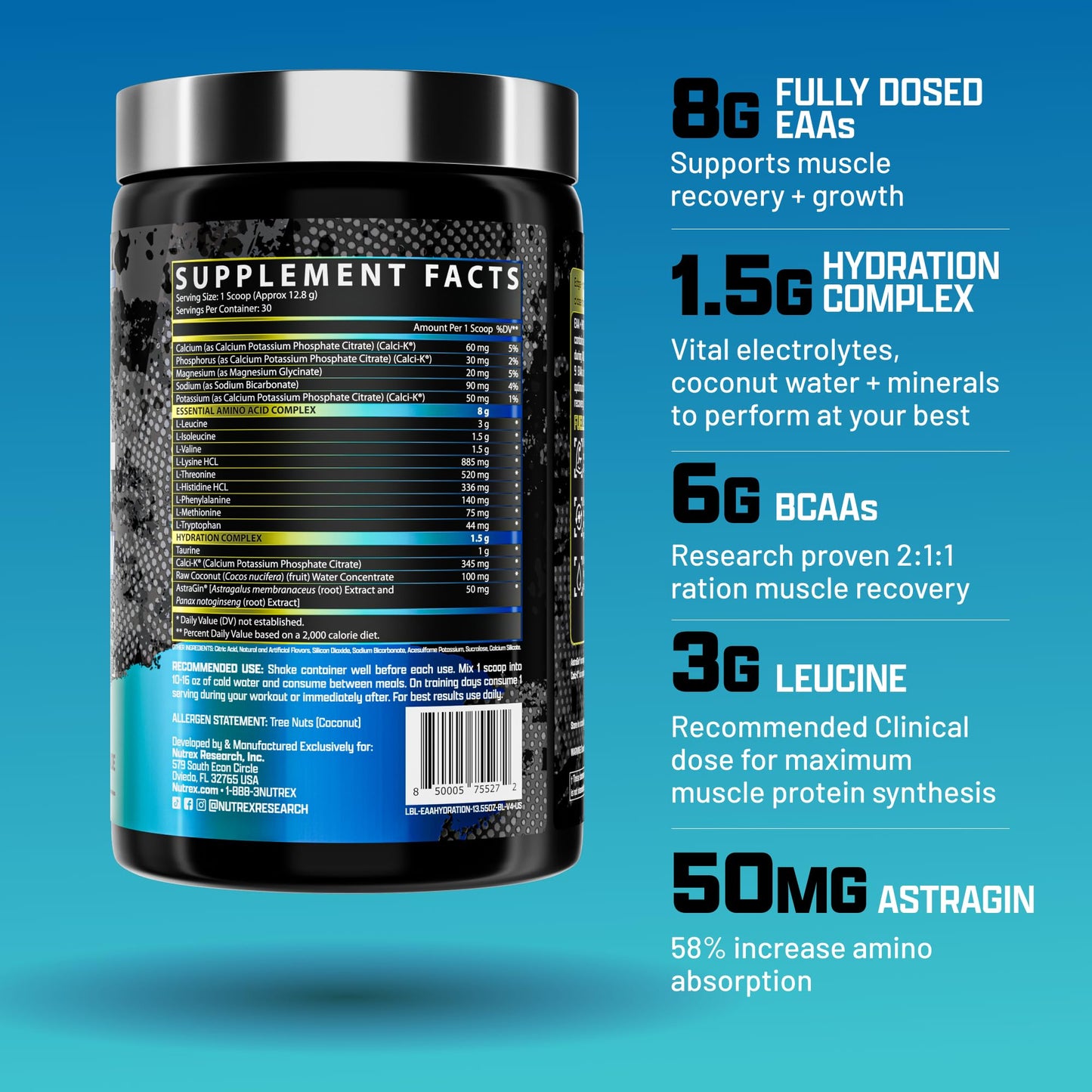 Nutrex Research EAA Hydration | EAAs + BCAA Powder | Muscle Recovery, Strength, Muscle Building, Endurance | 8G Essential Amino Acids + Electrolytes | Strawberry Watermelon 30 Serving