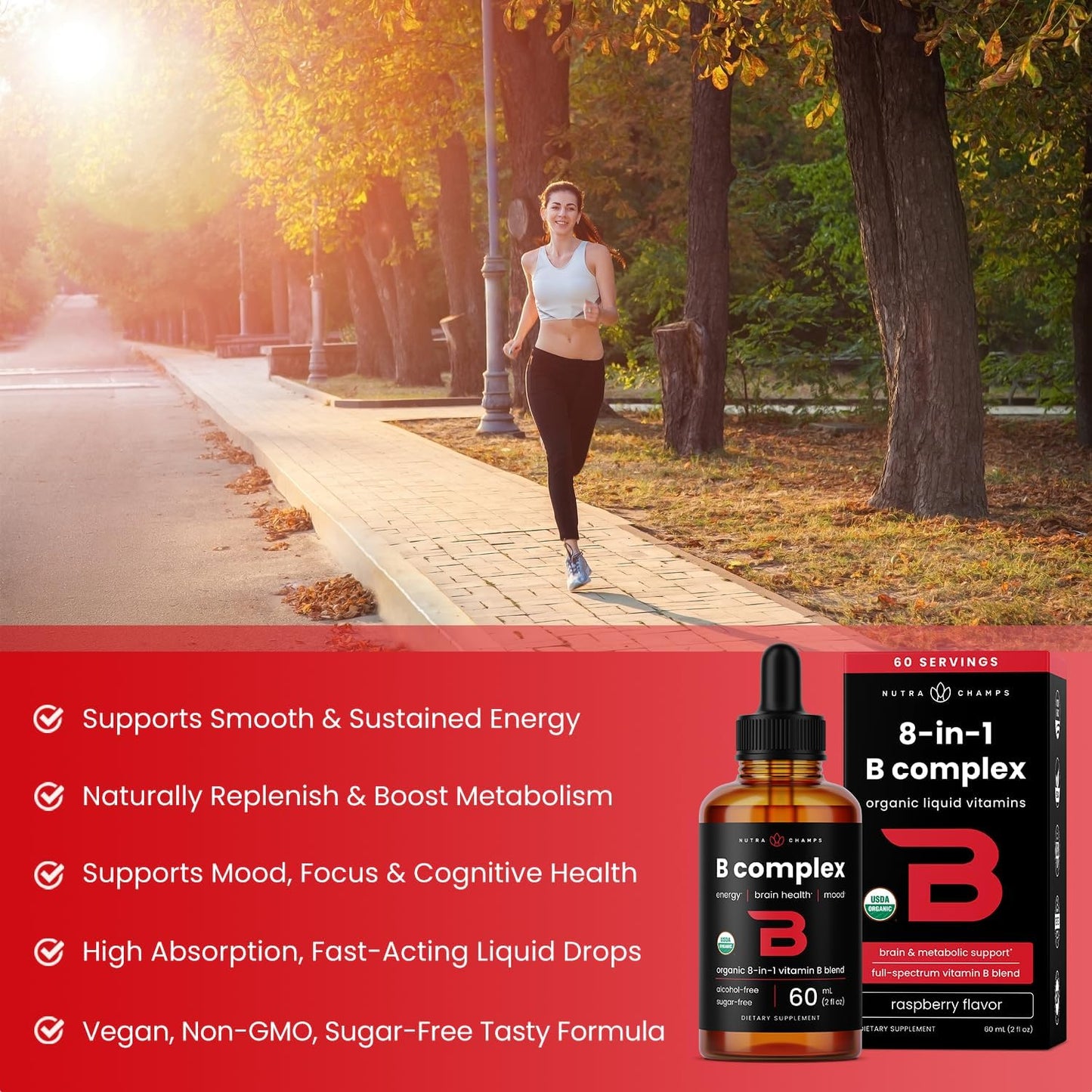 USDA Organic Vitamin B Complex Liquid Drops Sublingual B12 Methylcobalamin | B1, B2, B3, B5, B6, B7, B9 | Methylated B Vitamins Complex for Women & Men | Biotin, Niacinamide, Folate & Folic Acid, 2oz