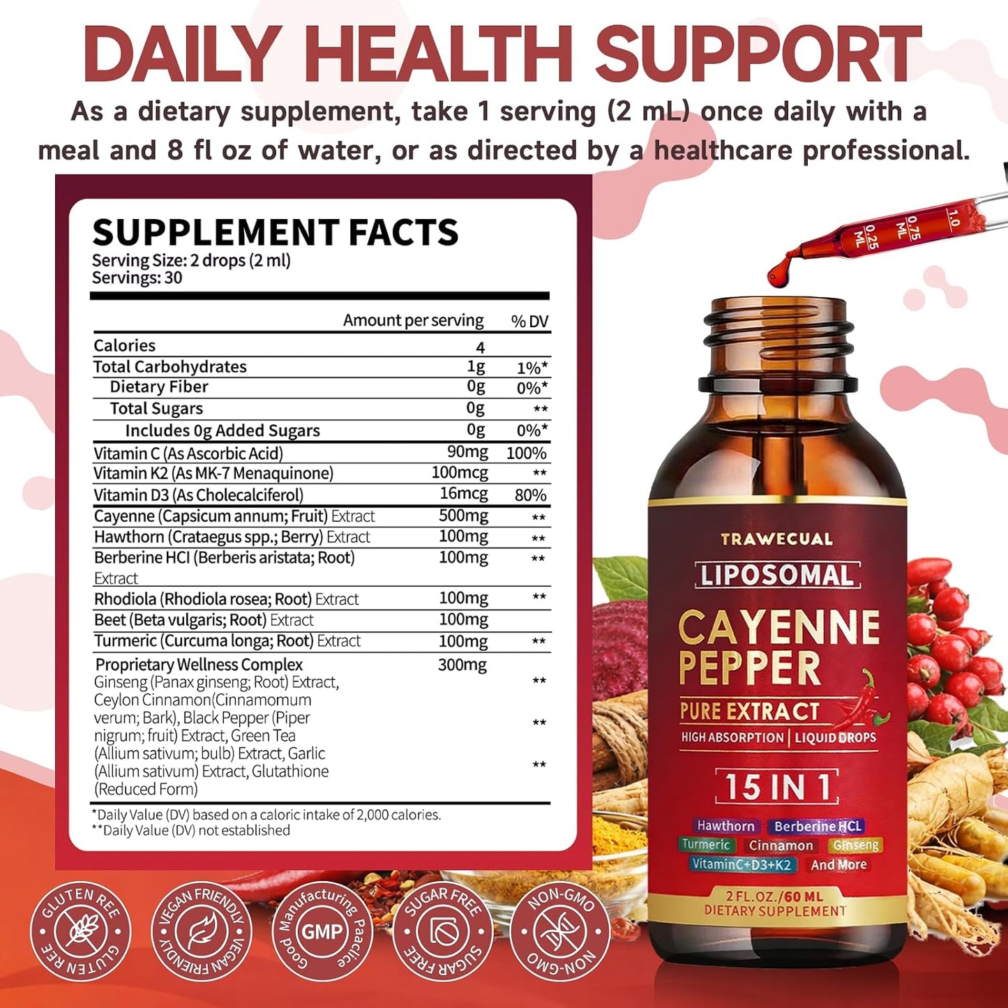 15 in1 Liposomal Cayenne Pepper Liquid Drops Supplement, with Vitamin D3 K2, Hawthorn, Berberine HCL, Beet Root, Turmeric, Cinnamon, Digestion, Circulatory Heath Support- 2 Fl Oz for 30 Days