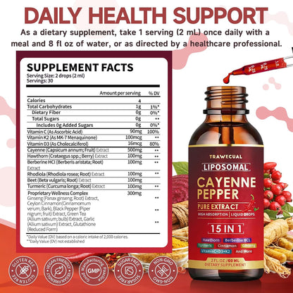 15 in1 Liposomal Cayenne Pepper Liquid Drops Supplement, with Vitamin D3 K2, Hawthorn, Berberine HCL, Beet Root, Turmeric, Cinnamon, Digestion, Circulatory Heath Support- 2 Fl Oz for 30 Days