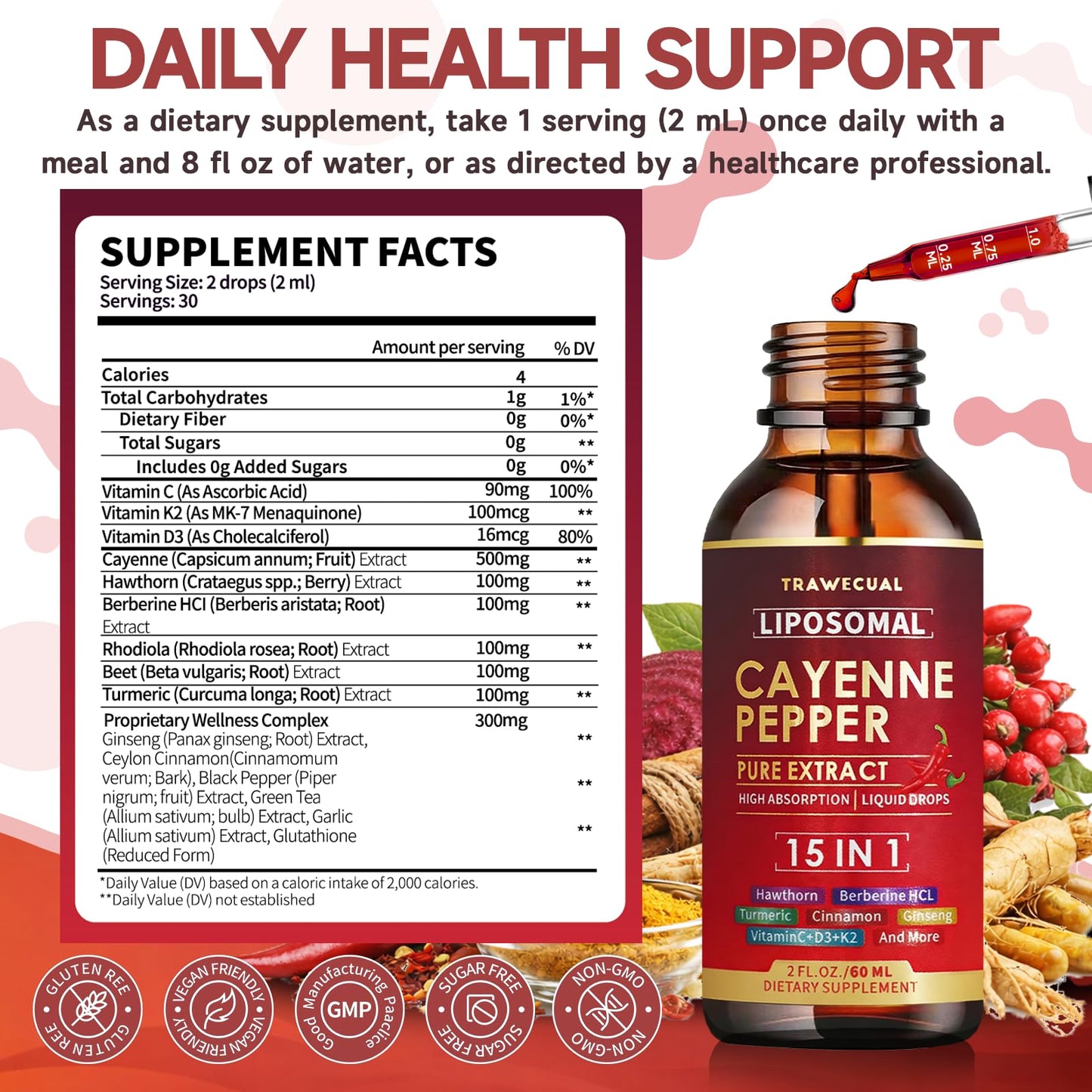 15 in1 Liposomal Cayenne Pepper Liquid Drops Supplement, with Vitamin D3 K2, Hawthorn, Berberine HCL, Beet Root, Turmeric, Cinnamon, Digestion, Circulatory Heath Support- 2 Fl Oz for 30 Days