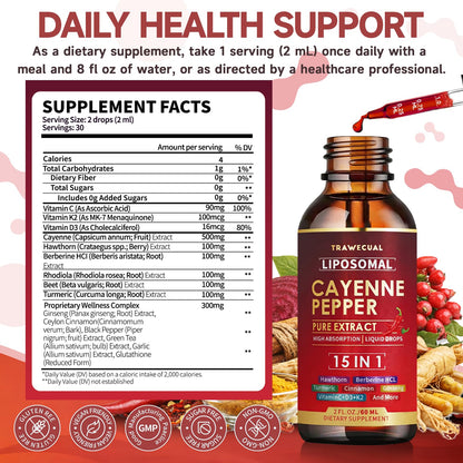 15 in1 Liposomal Cayenne Pepper Liquid Drops Supplement, with Vitamin D3 K2, Hawthorn, Berberine HCL, Beet Root, Turmeric, Cinnamon, Digestion, Circulatory Heath Support- 2 Fl Oz for 30 Days