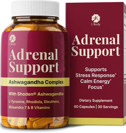1 Body Adrenal Support Supplement, Shoden Ashwagandha + Cortisol, 60 Caps