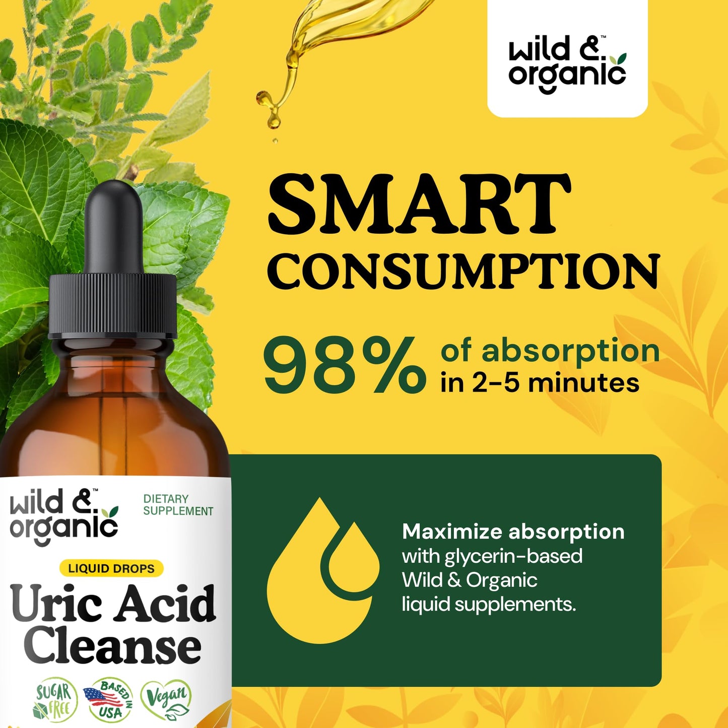 Wild & Organic Uric Acid Cleanse Liquid Drops - Tart Cherry, Turmeric, Celery, Chanca Piedra, Dandelion Root Extract Complex - Uric Acid Supplement - Vegan, Sugar & Alcohol-Free Tincture - 4 fl oz