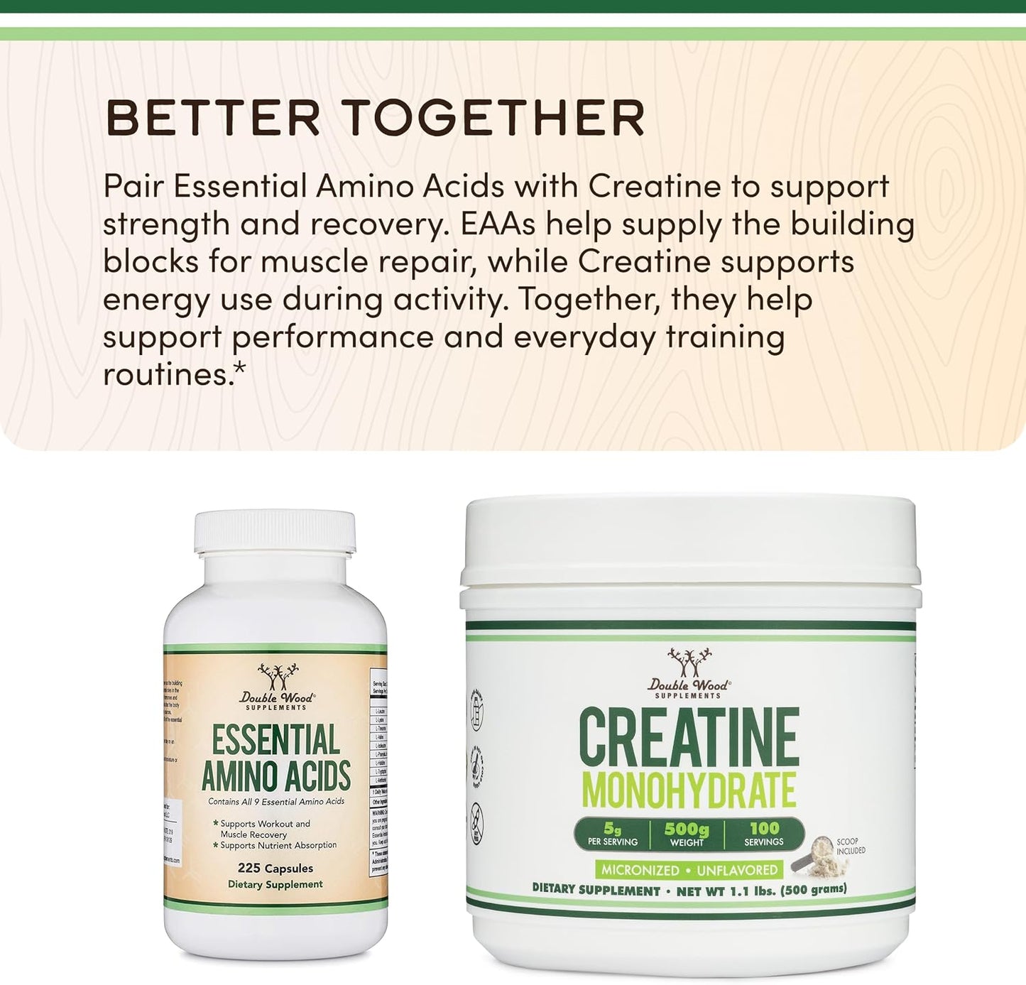 Essential Amino Acids - 1 Gram Per Serving Powder Blend of All 9 Essential Aminos (EAA) and All Branched-Chain Aminos (BCAAs) (Leucine, Isoleucine, Valine) 225 Capsules, Gluten Free by Double Wood