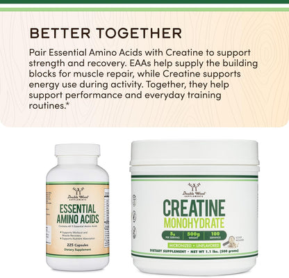 Essential Amino Acids - 1 Gram Per Serving Powder Blend of All 9 Essential Aminos (EAA) and All Branched-Chain Aminos (BCAAs) (Leucine, Isoleucine, Valine) 225 Capsules, Gluten Free by Double Wood