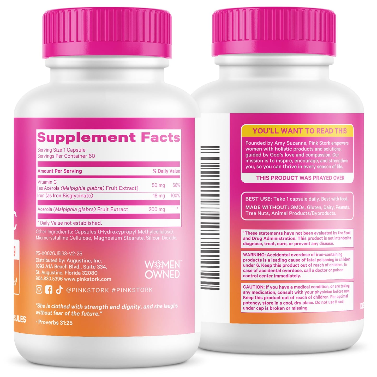 Pink Stork Iron for Women with Vitamin C, 60 Capsules, 2-Month Supply | 18 mg Chelated Iron Bisglycinate + Vitamin C, Supports Energy, Focus + Oxygen, Pregnancy, Postpartum, PMS + Perimenopause