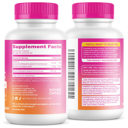 Pink Stork Iron for Women with Vitamin C, 60 Capsules, 2-Month Supply | 18 mg Chelated Iron Bisglycinate + Vitamin C, Supports Energy, Focus + Oxygen, Pregnancy, Postpartum, PMS + Perimenopause