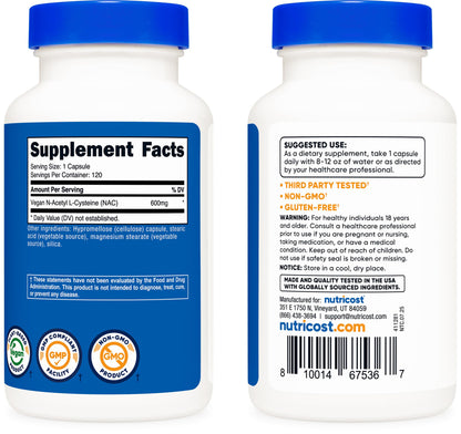 Nutricost N-Acetyl L-Cysteine (NAC) 600mg, 180 Capsules | GMO-Free And Gluten Free