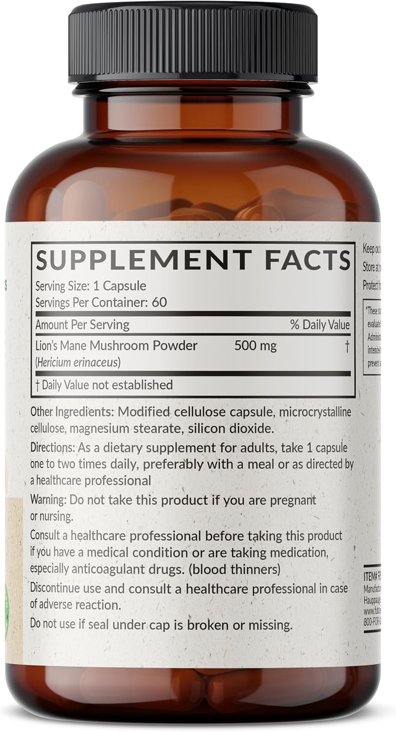 Futurebiotics Lion's Mane Mushroom 500 MG Vegan Friendly Formula, 60 Capsules