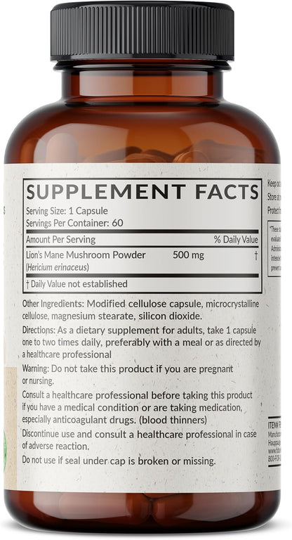 Futurebiotics Lion's Mane Mushroom 500 MG Vegan Friendly Formula, 60 Capsules