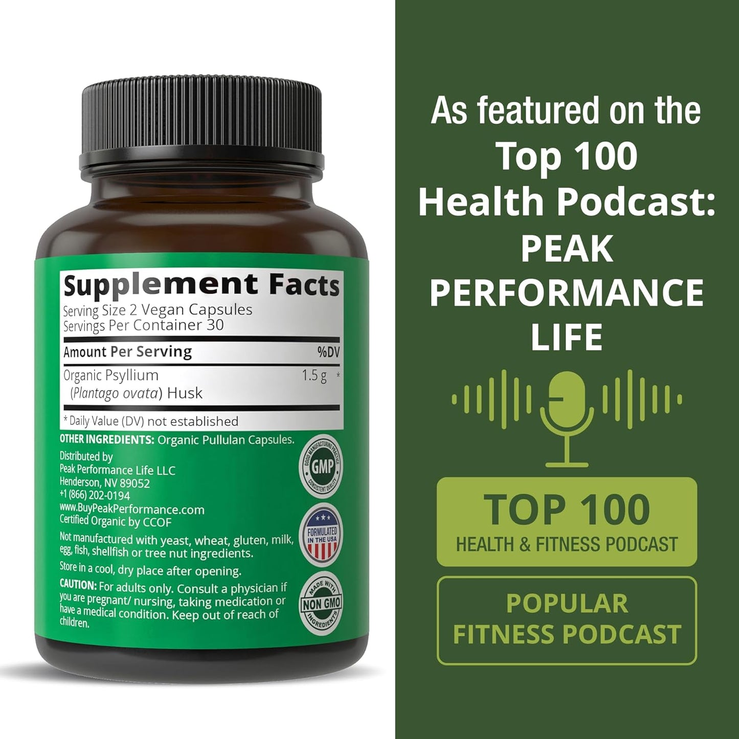 Peak Performance USDA Organic Psyllium Husk Vegan Capsules Made with Seed - Fiber Supplement for Gut - Digestive Prebiotics - for Digestion and Roughage Without Bloating - Vegan, Gluten-Free Pills