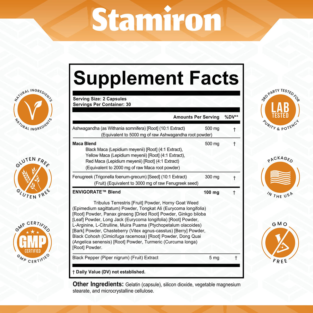 Stamiron Maca Root 2000mg Fenugreek 3000mg Ashwagandha 5000mg Supplement