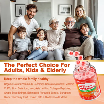 Natural Liposomal Vitamin C 1000mg Gummies for Adults & Kids 9+, Chewable Vitamin C w/ 11mg Zinc, D3, Elderberry, Echinacea, , Bioflavonoid, Immune Support, Whole Food VIT C from Fruits, Sugar Free