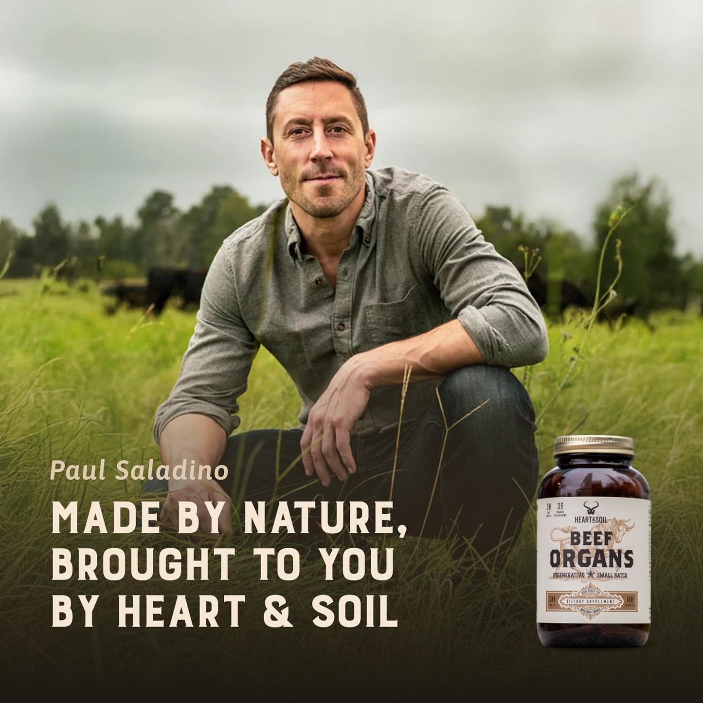 HEART & SOIL Beef Organs Supplement, 180 Capsules | 100% grass fed & finished from regenerative cattle with liver, heart, kidney, pancreas & spleen. 3000mg formula.