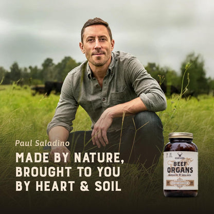 HEART & SOIL Beef Organs Supplement, 180 Capsules | 100% grass fed & finished from regenerative cattle with liver, heart, kidney, pancreas & spleen. 3000mg formula.