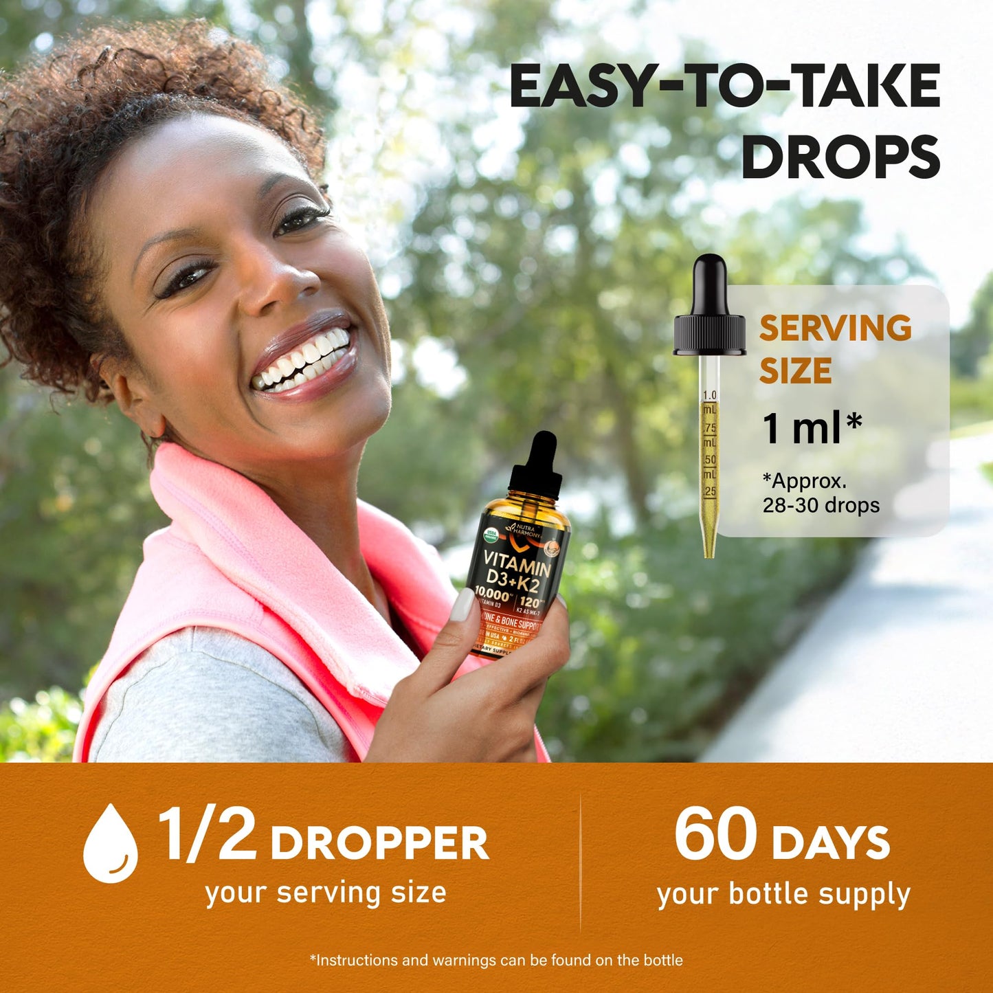Vitamin D3 K2 USDA Organic Drops - Vitamin D3 10000 IU & K2 as MK-7 120mcg - Immune & Mood Support, Bone & Teeth Health - Sugar-Free, Orange Flavor - Liquid Supplement - 2 FL OZ, 60 Day Supply