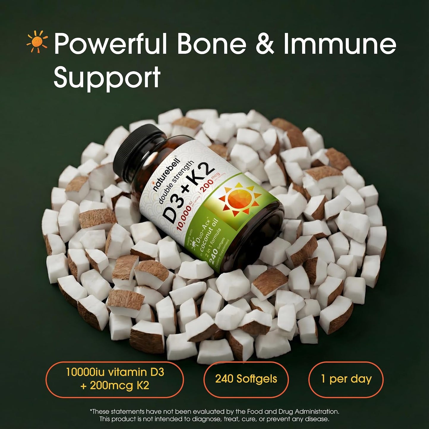 NatureBell Vitamin Double Strength D3 + K2-240 Softgels - 10,000 IU Vitamin D & 200mcg K2 - Bone Strength, Immune Function & Calcium Absorption Support* - Coconut Oil Infused