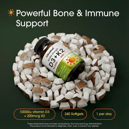 NatureBell Vitamin Double Strength D3 + K2-240 Softgels - 10,000 IU Vitamin D & 200mcg K2 - Bone Strength, Immune Function & Calcium Absorption Support* - Coconut Oil Infused