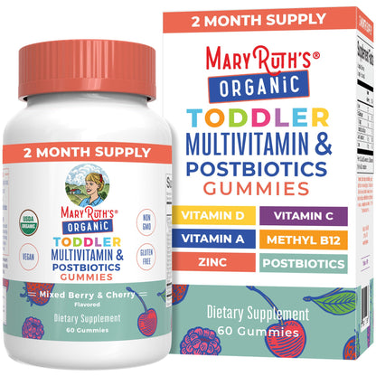 MARYRUTH'S Kids Vitamins USDA Organic | Multivitamin Gummies + Postbiotics for Ages 4+ | Multivitamin for Kids with Lactobacillus Rhamnosus | Children’s Vitamins | Vegan | Non-GMO | 60 Count