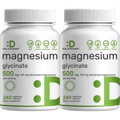 Deal Supplement Magnesium Glycinate 500mg, 240 Veggie Capsules | 100% Chelated for Easy Absorption | Essential Mineral Supplement | Non-GMO, Gluten-Free