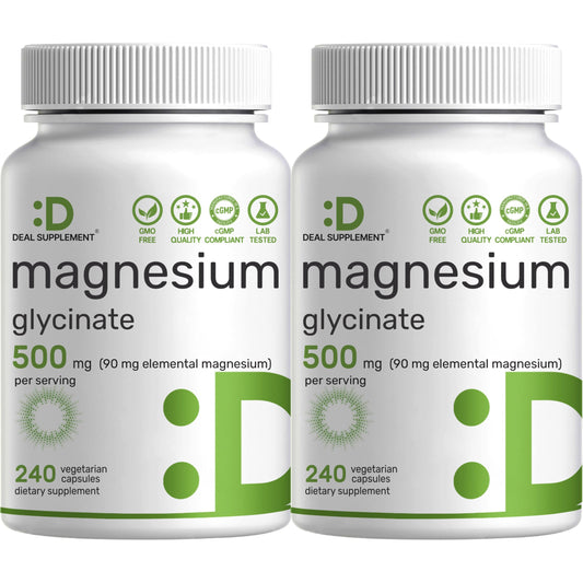 Deal Supplement Magnesium Glycinate 500mg, 240 Veggie Capsules | 100% Chelated for Easy Absorption | Essential Mineral Supplement | Non-GMO, Gluten-Free