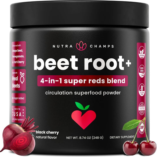 NutraChamps Beet Root Powder Circulation Supplement, Superfood Powder Nitric Oxide with Beetroot Juice, Super Reds & Grape Seed Extract, No Sugar Beet Supplement - 8.74 Oz