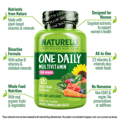 NATURELO One Daily Multivitamin for Women w/Vitamin B12, 120 Ct, Energy Support, Whole Food Daily Women Multivitamin Supplement, Nourish Hair/Skin/Nail, Non-GMO, No Soy, Gluten Free, 4 Month Supply