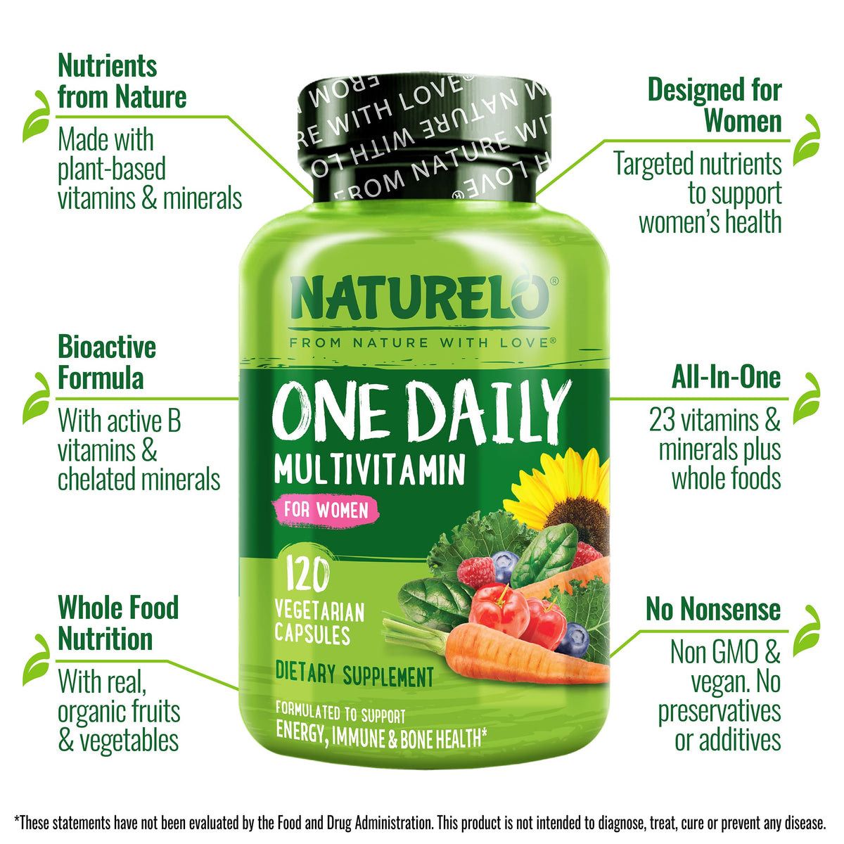 NATURELO One Daily Multivitamin for Women - Energy Support - Whole Food Supplement
