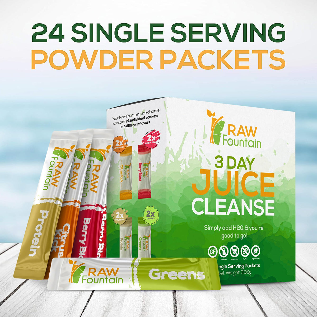 Raw Fountain 3 Day Juice Cleanse Detox, Weight Management Program, 24 Powder Packets