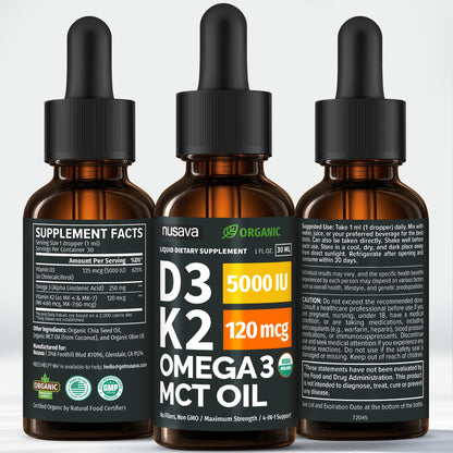 (2 Pack) Organic Vitamin D3 K2 Drops with MCT Oil & Omega 3 - Liquid Vitamin D3 5000 IU - K2 D3 Vitamin Supplement - Vitamin D Drops for Women & Men - No Fillers, Non-GMO, GMP, Unflavored (2 Fl Oz)