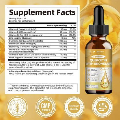 Totaria Liposomal Quercetin with Bromelain Liquid Drops - High Absorption Quercetin 1000mg & Bromelain 500mg Plus Elderberry,Vitamin C,Zinc for Immune & Antioxidant & Heart & Bone Support- 2 Fl Oz