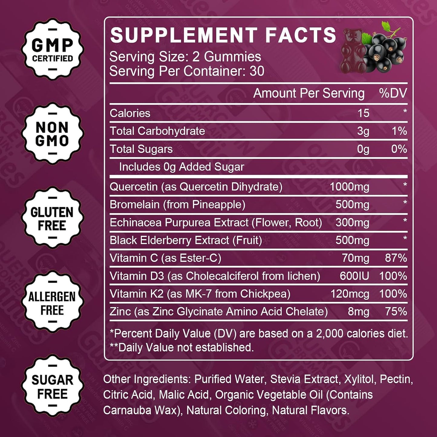 (2 Pack) Quercetin Gummies - Quercetin with Bromelain 2378mg - Blend with Elderberry, Echinacea Purpurea Extract, Zinc, Vitamin C,D3,K2, Complex Supports Immune, Cardiovascular & Respiratory Function