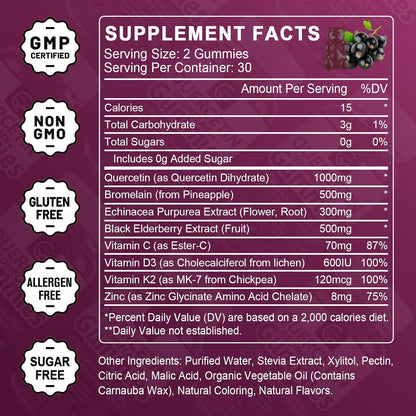 (2 Pack) Quercetin Gummies - Quercetin with Bromelain 2378mg - Blend with Elderberry, Echinacea Purpurea Extract, Zinc, Vitamin C,D3,K2, Complex Supports Immune, Cardiovascular & Respiratory Function
