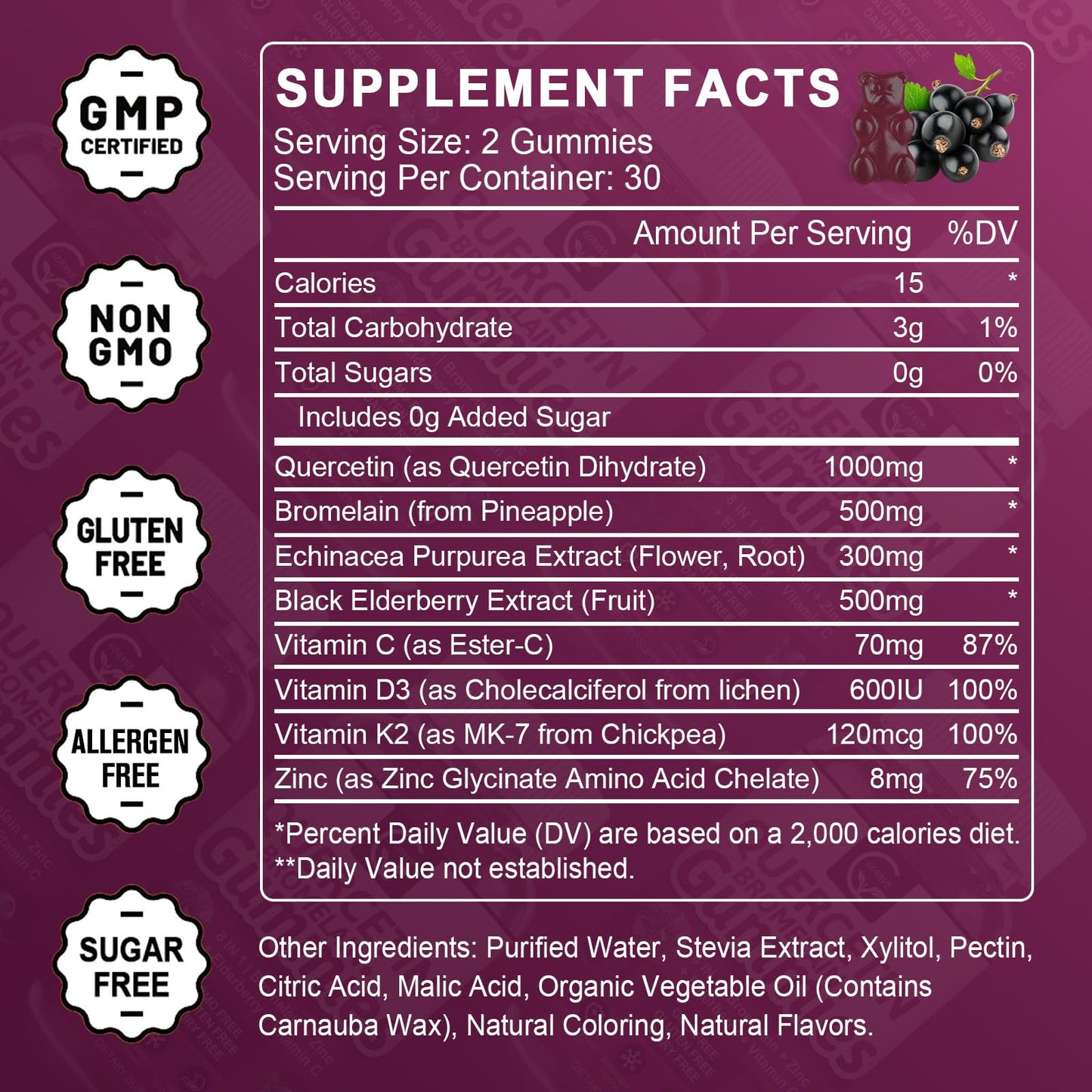 (2 Pack) Quercetin Gummies - Quercetin with Bromelain 2378mg - Blend with Elderberry, Echinacea Purpurea Extract, Zinc, Vitamin C,D3,K2, Complex Supports Immune, Cardiovascular & Respiratory Function