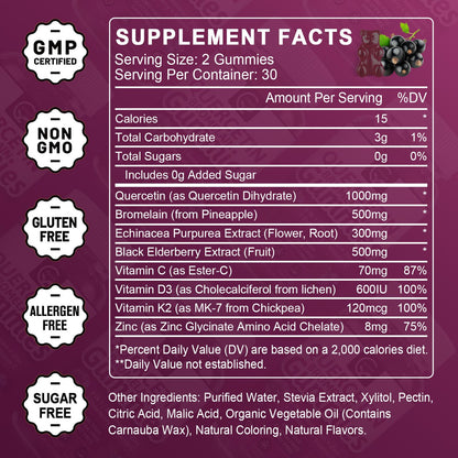 (2 Pack) Quercetin Gummies - Quercetin with Bromelain 2378mg - Blend with Elderberry, Echinacea Purpurea Extract, Zinc, Vitamin C,D3,K2, Complex Supports Immune, Cardiovascular & Respiratory Function