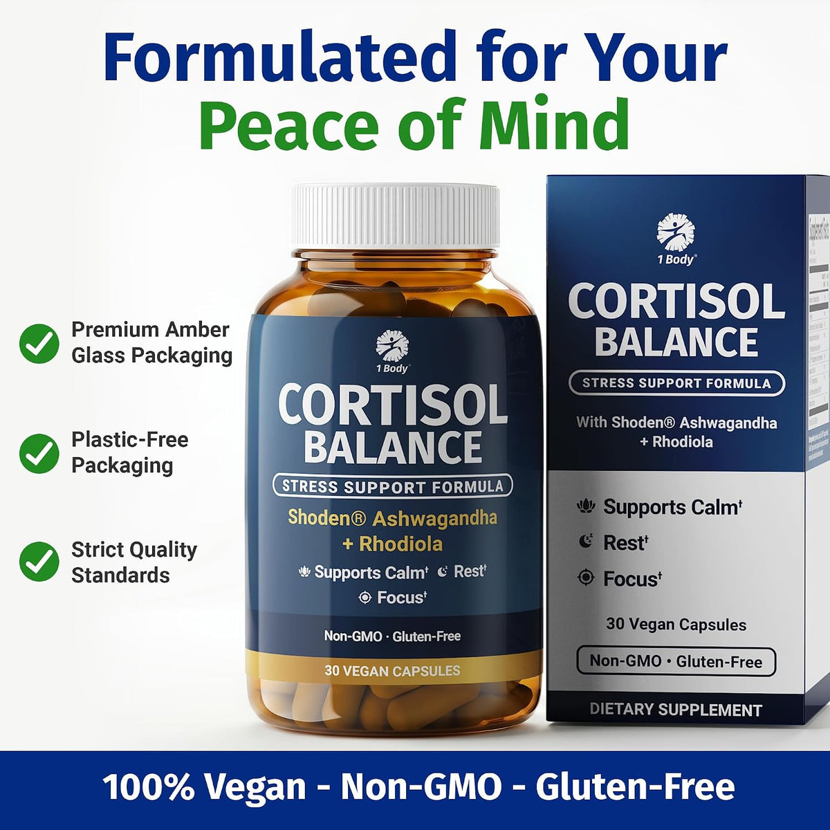 1 Body Cortisol Support with Ashwagandha & Saffron, 30 Vegan Capsules