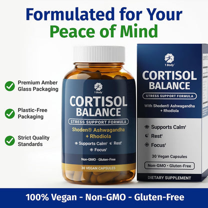1 Body Cortisol Support with Ashwagandha & Saffron, 30 Vegan Capsules