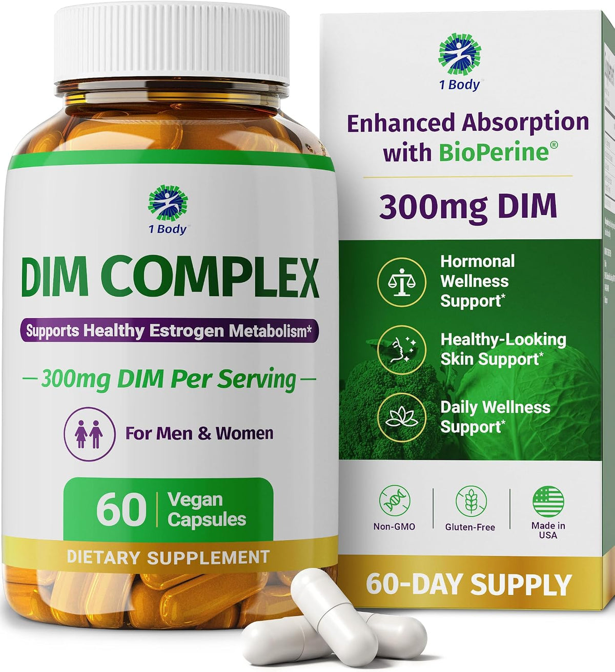 DIM Complex 300mg with BioPerine Supports Hormone Balance 60 Vegan Capsules