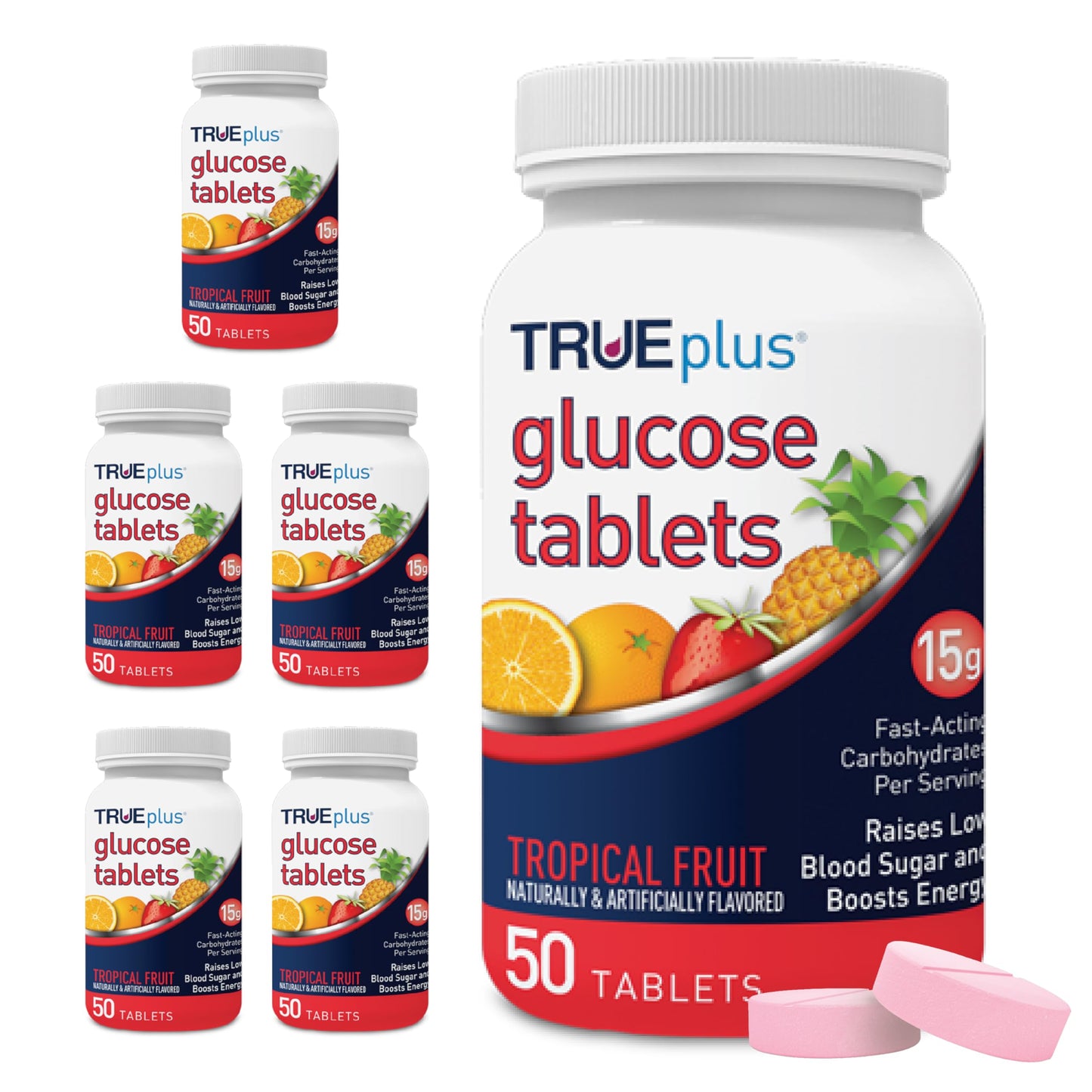 TRUEplus Glucose Tablets, Grape, Raspberry, Orange Flavors, 50 Count | Chewable Tablets, 15g Fast-Acting Carbohydrates, Fat Free, Gluten Free, Boosts Energy, Great Tasting and Easy to Use