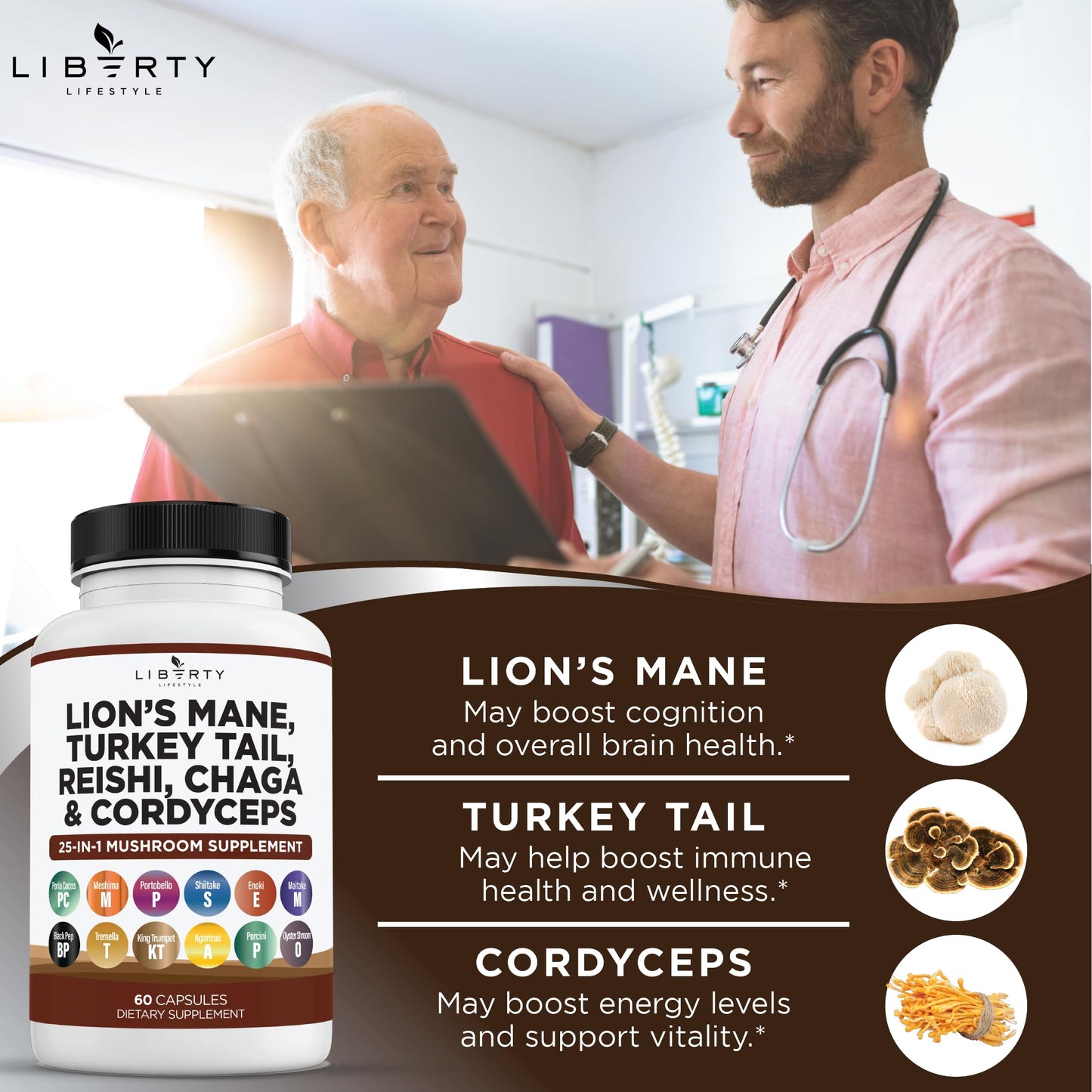 Liberty Lifestyle Lions Mane Mushroom Supplement with Turkey Tail Reishi Cordyceps Chaga with Marshmallow Root - 2-Pack