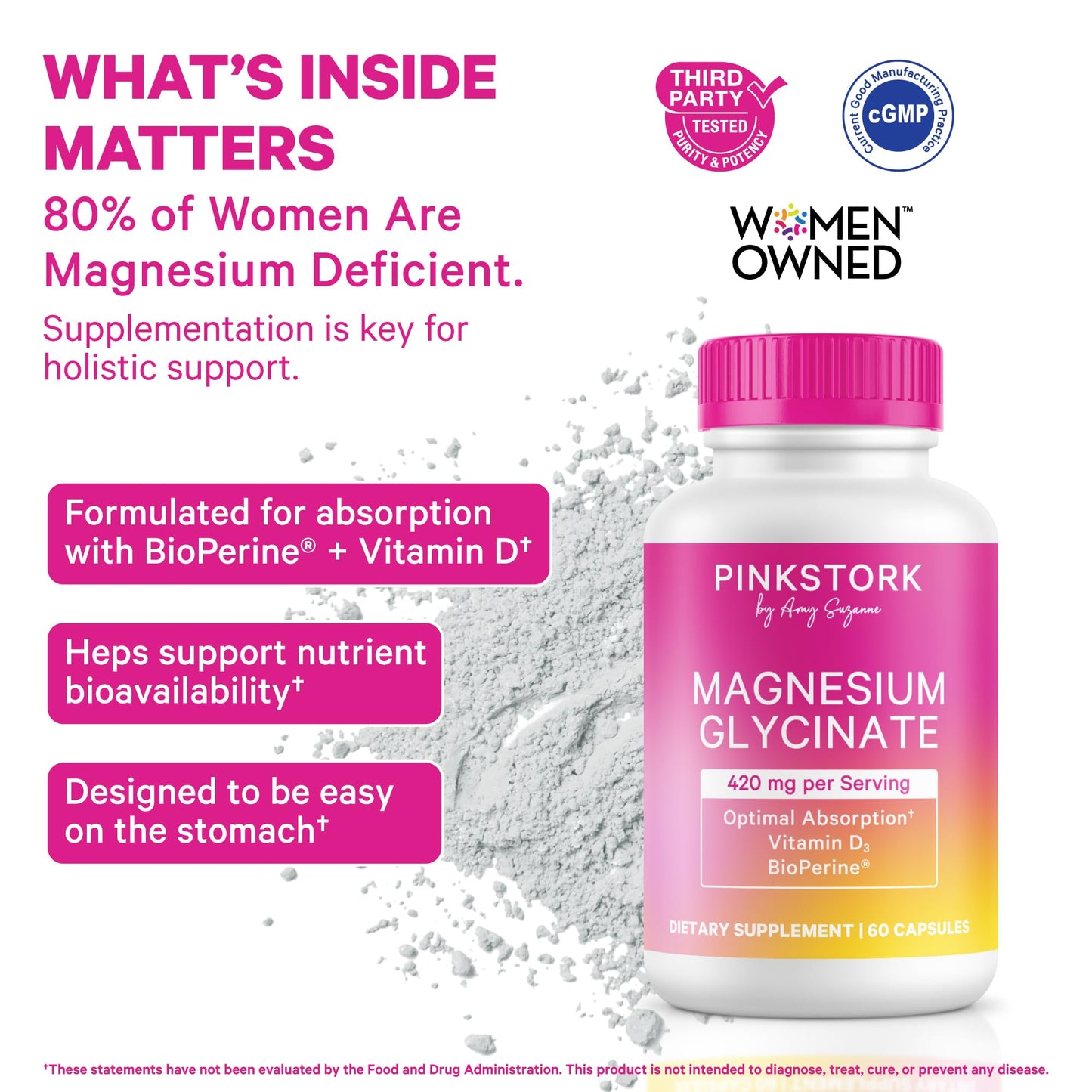 Pink Stork Magnesium Glycinate with Vitamin D, 60 Capsules | Magnesium Supplement for Women, Supports Natural Calm, Mood, and Sleep, Hormone Balance for Women, 1 month supply