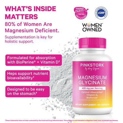 Pink Stork Magnesium Glycinate with Vitamin D, 60 Capsules | Magnesium Supplement for Women, Supports Natural Calm, Mood, and Sleep, Hormone Balance for Women, 1 month supply