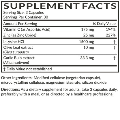 Futurebiotics L-Lysine Defense Immune Support Complex 1500 MG Per Serving with Vitamin C, Zinc, Olive Leaf & Garlic - Non-GMO, 90 Vegetarian Capsules