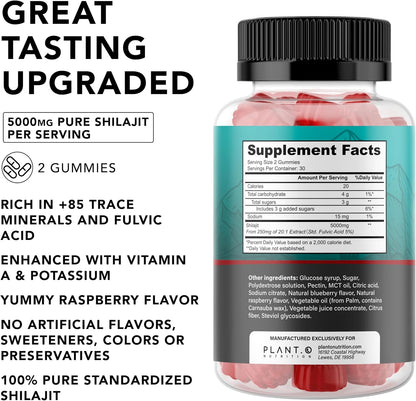 Shilajit Gummies for Men & Women | 5000mg Extra Stength Pure Himalayan Extract 100% Natural Raspberry Flavor | 85+ Trace Minerals & Fulvic Acid to Enhance Energy and Immune Support, 60 Ct