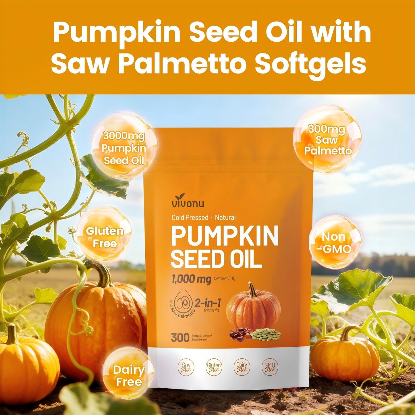 VivoNu Saw Palmetto Capsules Extract 8 in 1, Pumpkin Seed Oil - Supports Prostate Health, Relieves Urination Issues, Supports Hair Growth, DHT Blocker 240 Softgels