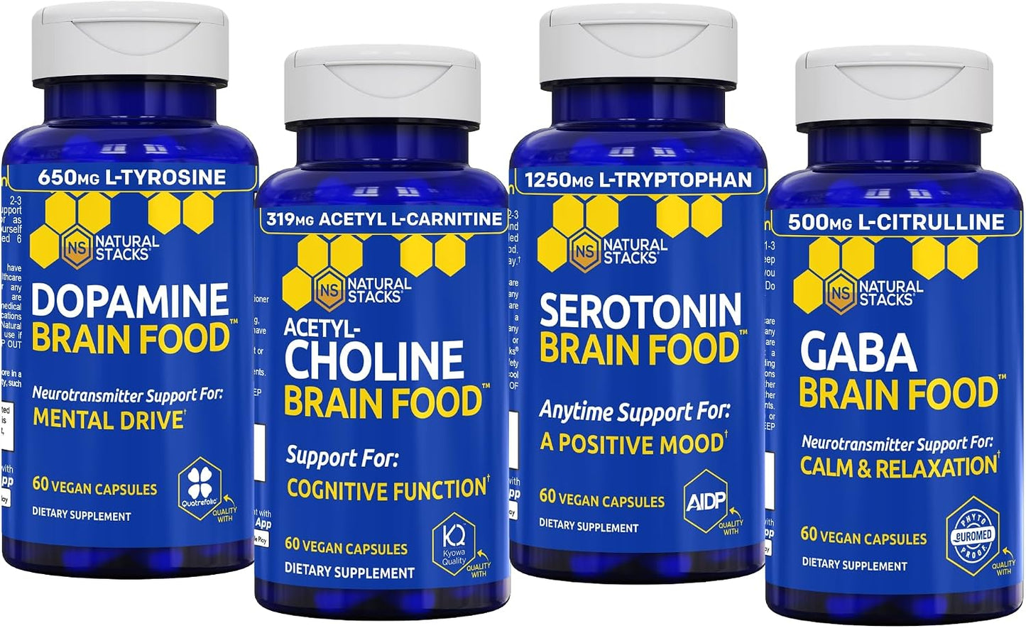 NATURAL STACKS Brain Food Bundle - for Mental Drive, Cognitive Function, Positive Mood & Relaxation* - Brain Supplements for Adults - 240 Total Capsules