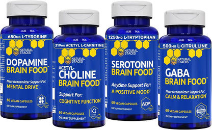 NATURAL STACKS Brain Food Bundle - for Mental Drive, Cognitive Function, Positive Mood & Relaxation* - Brain Supplements for Adults - 240 Total Capsules